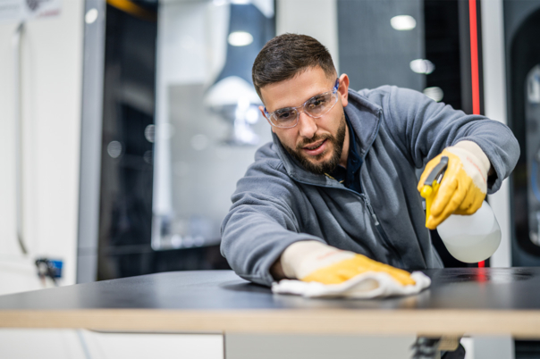 Junge männliche Reinigungskraft in grauer Fliesjacke reinigt Tisch