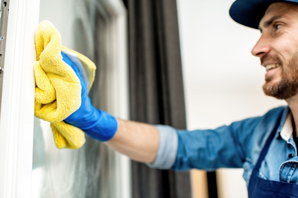 Männliche Reinigungskraft wischt mit Tuch über Fenster