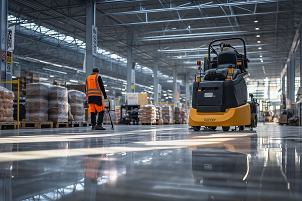 Große Reinigungsmaschine in Logistikhalle, daneben Mann, der Boden reinigt